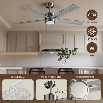 52 Inch Ceiling Fan Brushed Nickel Remote Controlled Dimmable Light Combo - Quiet Reversible - 5 Grey Blades