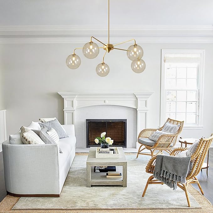 Mid Century Modern Sputnik Chandelier Brass Gold Chandelier Cognac Clear Glass Globe Sputnik Chandelier for Kitchen Dining Room Bedroom