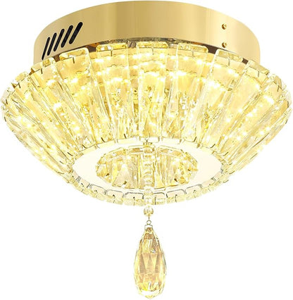 11.8" Mini Gold Crystal Chandelier LED Modern Flush Mount Ceiling Light for Hallway,Bedroom, Kitchen,