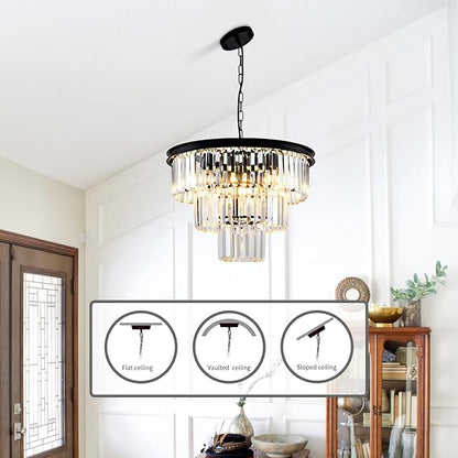 Modern Crystal Chandelier 20'' Black Chandeliers for Dining Room Contemporary Pendant Light Fixture Round 3-Tier K9 Crystal Chandelier Adjustable Height for Living Room, Foyer, Entryway, Bedroom