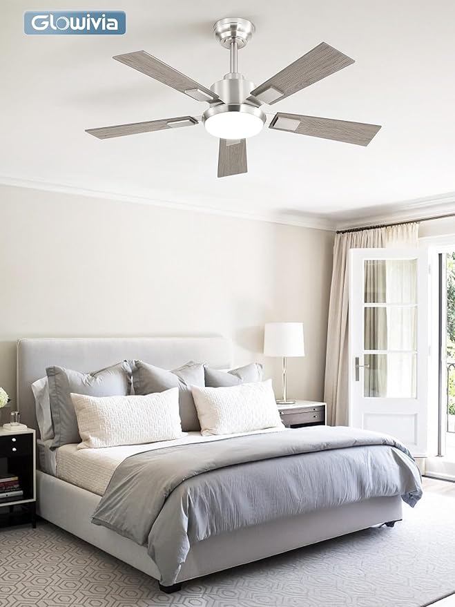 42 Inch Ceiling Fans with Lights and Remote&APP Control, Brushed Nickel Smart Ceiling Fan with 3000-6000K Dimmable, 6 Speeds Reversible, Indoor/Outdoor Ceiling Fan for Bedroom Living Room