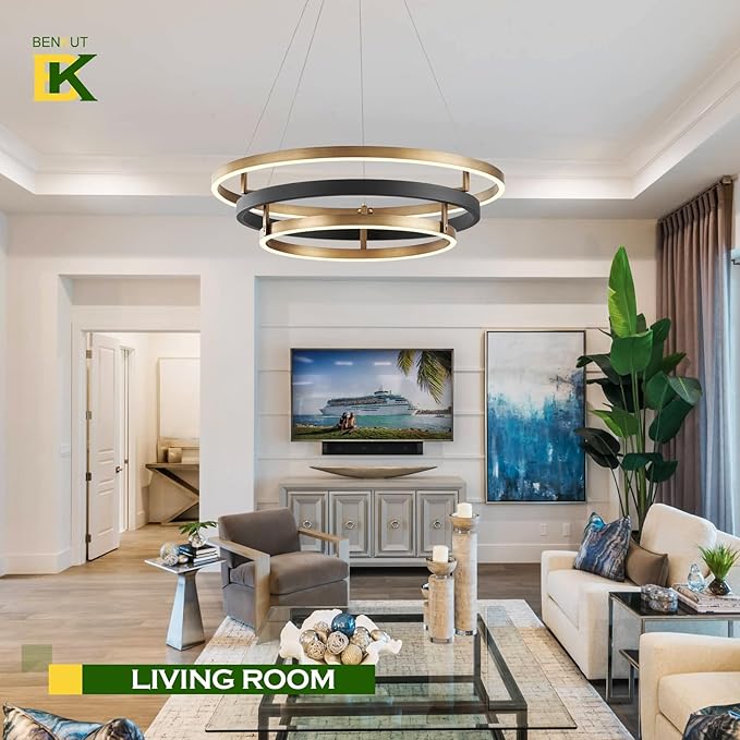 Benkut Modern LED Chandelier Black Gold Dimmable 3 Ring Pendant Light for Dining Room, Kitchen Chandelier Circular with Remote Control Flush Mount High Ceiling Light for Living Room, 3000K-6500K
