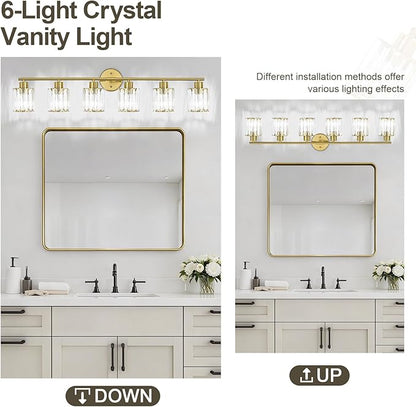 Crystal Bathroom Light Fixtures,Bathroom Lighting Fixtures Over Mirror, Modern 6-Light Brushed Nickel Vanity Lights for Mirror, Restroom,Kitchen(Ceramic E26 Socket,Bulbs Not Include)