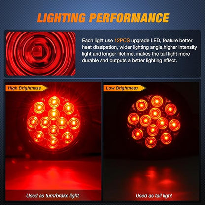 Nilight - TL-18 2PCS 4" Round Red LED Trailer Tail Lights w/Surface Mount Grommet Plugs IP67 Stop Brake Turn Tail Lights for Truck Trailer RV Jeep