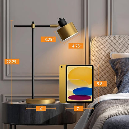 OYEARS 22.2" Modern Desk Lamp, Metal Table Lamp with LED Bulb, Adjustable Reading Lamps for Living Room, Mid Century Task Lamp for Home Office, Industrial Bedside Lamps with Solid Base,Black and Gold