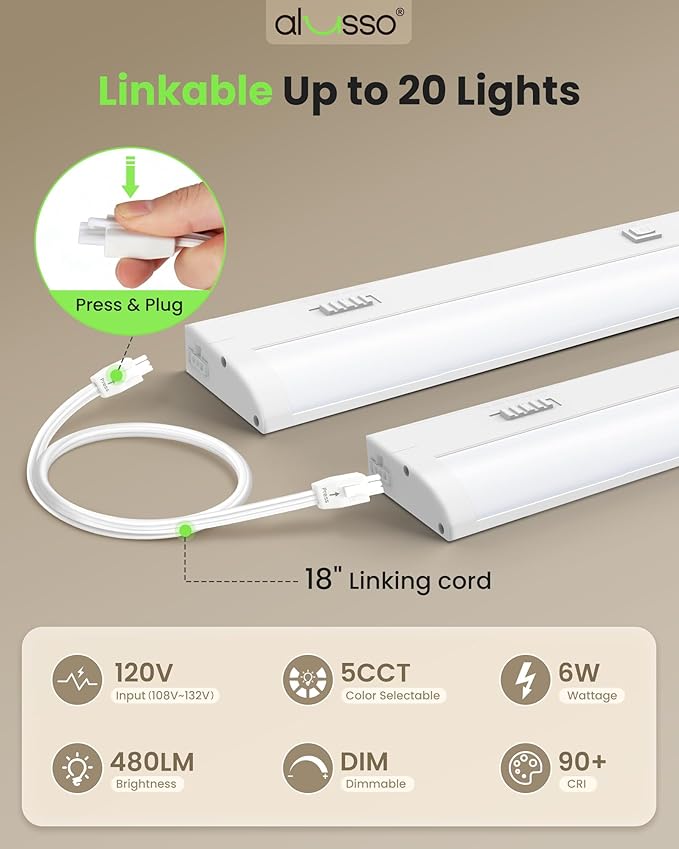 ALUSSO 12 Inch LED Under Cabinet Lighting Hardwired 120V, 5CCT Color Selectable 2700K-5000K Dimmable 6W 480LM High Brightness, CRI 90+ Strip Linkable Under Counter Lights for Kitchen Sink, 1 Pack