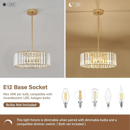 YURNYQ Gold Crystal Chandelier for Dining Room, 4-Light Modern Semi Flush Mount Chandelier Lighting Fixtures, Round Kitchen Hanging Drum Pendant Lights Ceiling for Bedroom Entryway Foyer, 15 Inch