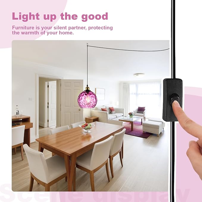 Corner Pendant Light Plug in, Hanging Chandeleir with Plug in Cord, Hand Blown Purple Water Ripple Glass Globe, Bohemian Bedroom Living Room Hanging Lamp Ambient Lighting for Reading Nook