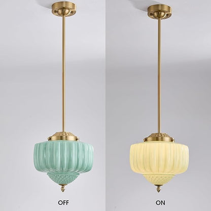 Schoolhouse Pendant Light, 12" Brass Gold Schoolhouse Ceiling Light Fixture with Mint Green Milk Glass Shade, Adjustable Height, Mid Century Modern Pendant Lighting for Kitchen Island Dining Room