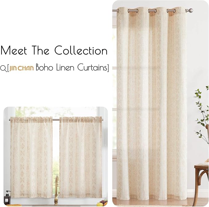 jinchan Boho Kitchen Curtains Linen Tier Curtains 45 Inches Bohemian Cafe Small Drapes Striped Mudcloth Farmhouse for Bathroom RV Camper Light Filtering Rod Pocket 2 Panels Taupe on Beige