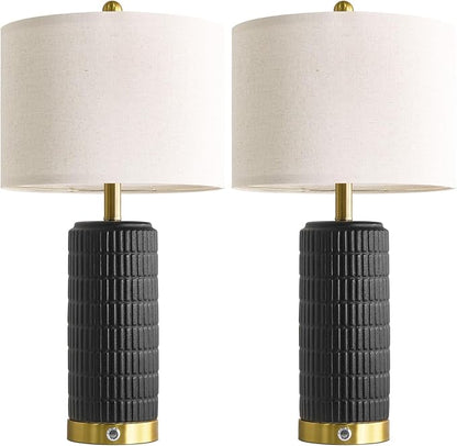 PoKat Ceramic Table Lamps Set of 2 for Living Room, 25'' Modern Touch Bedside Lamps for Bedroom with 2 USB Ports, Farmhouse Black Matte-Textured Nightstand Lamps Office Home Decor (Bulbs Included)