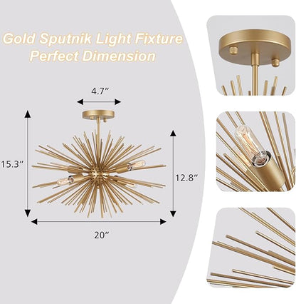 Modern Sputnik Chandelier Ceiling Light Fixture,4-Light Gold Semi Flush Mount Ceiling Light,20in Solid Metal Starburst Satellite Urchin Chandelier for Entry Dining Room Bedroom Kitchen Foyer