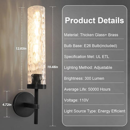 Brass Knurled Bathroom Sconces Set of 2, 19.5 Inch Black Vanity Light Fixtures with Water Ripple Glass Tube Modern Wall Lamp for Bathroom Mirror Bedroom Living Room Hallway