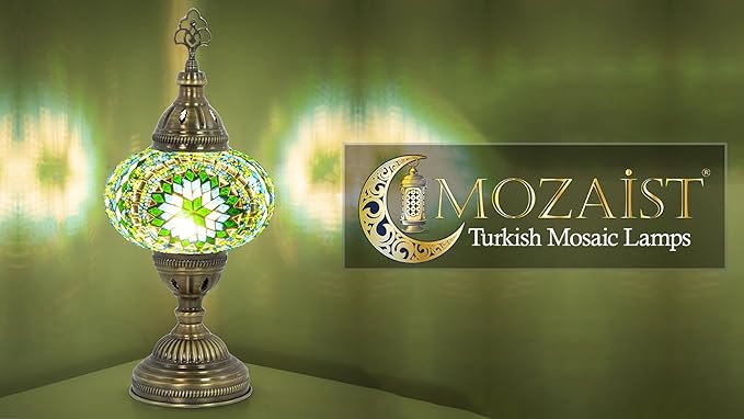 Turkish Mosaic Table Lamp with Bulb – Light Green Handmade Stained Glass Bedside Light, Authentic Turkish Boho Vintage Home Decor with E12 Socket
