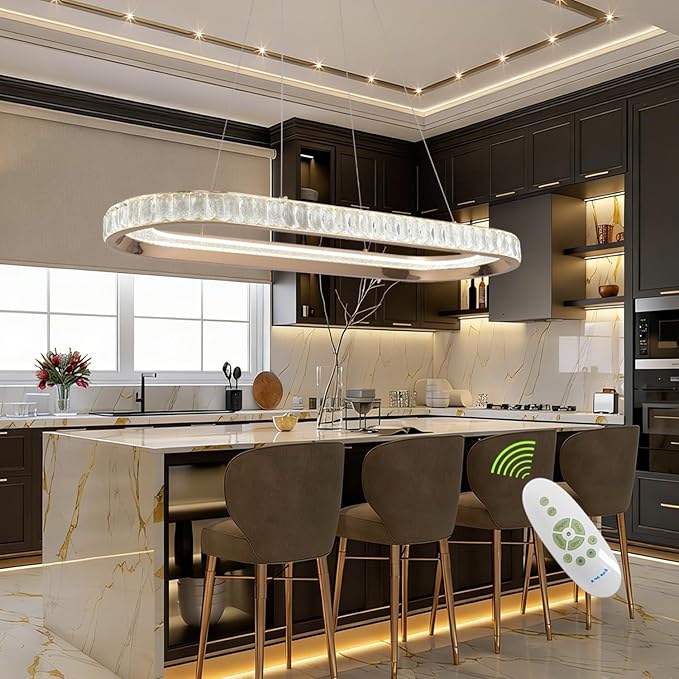 Gold Modern Chandelier Linear Led Chandeliers for Dining Room Oval Ring Chandelier Light Fixture Dimmable Led Pendant Light for Kitchen Island Lighting with Remote Controller