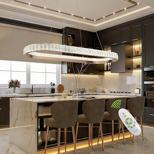 Gold Modern Chandelier Linear Led Chandeliers for Dining Room Oval Ring Chandelier Light Fixture Dimmable Led Pendant Light for Kitchen Island Lighting with Remote Controller