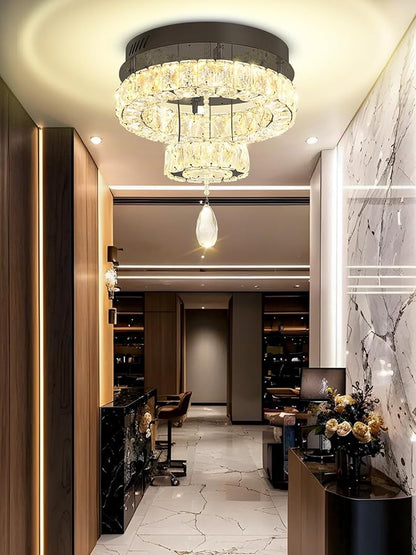 Flashing God Dia 12" Mini Chandelier Modern Crystal Chandeliers for Hallway Black Flush Mount Ceiling Light Modern Chandeliers Lighting for Bedroom Staircase Kitchen