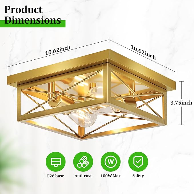 Kondras Gold Hallway Light Fixtures Ceiling, 2-Light Farmhouse Vintage Flush Mount Ceiling Lights, 2-Pack Brass Metal Kitchen Light Fixtures, Close to Ceiling Lights for Bedroom Living Room Entryway