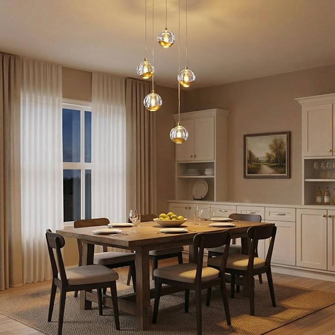 5-Light Modern Gold Glass Globe Chandelier, Hanging Cluster Pendant Light Kitchen Island & Foyer Chandelier, Warm White 3000K, Brushed Gold Pendant Lights Cluster, Ø 11.03 in