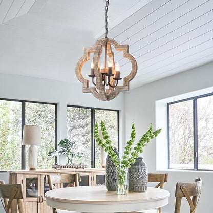 16" Oak Farmhouse Chandeliers for Dining Room Distressed Wood Pendant Light Fixture 4-Light Rustic Ceiling Hanging Light over Table for Kitchen Island Bedroom Entryway Foyer Dimmable & Ajustable Heigh