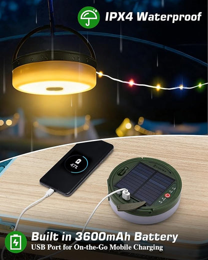 Anpro Solar Camping String Lights 4 in 1, 32.8Ft Ultra Long Multi-Color LED String, 3600mAh Solar Powered and USB Rechargeable Light with Remote Control, Portable Camping Light for Hiking, Decoration