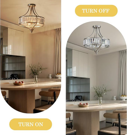 Crystal Chandelier Ceiling Light Fixture, Modern Round Brushed Nickel Dining Room Chandeliers for Kitchen Hallway Bedroom Foyer, 16 Inch Rustic Farmhouse Semi Flush Ceiling Light, 4-Light