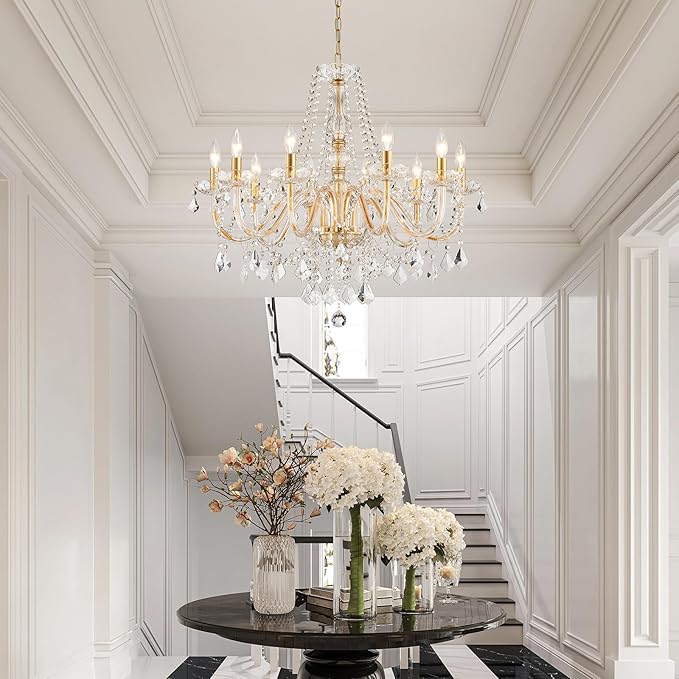 Large Crystal Chandelier, Modern Gold Crystal Chandeliers for Dining Room Light Fixture, 10-Lights Large Gold Pendant Light Fixtures Luxury Chandelier for Living Room Bedroom Foyer Entryway D26.8''