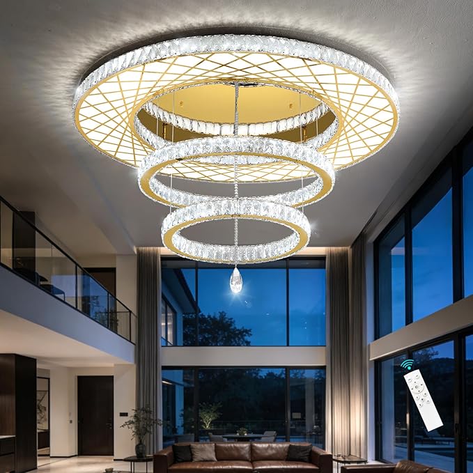 HAIXIANG 48 inch Large Size Glam Chandelier Crystal Ceiling Light for Living Room Chandeliers Lighting Fixtures with Remote Dimmable LED Light,Gold Luxury Interior Light