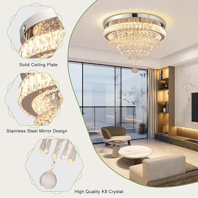 FRIXCHUR 19.7" Modern Crystal Chandelier Ceiling Light LED Chandeliers Flush Mount Ceiling Light Fixture for Bedrooms Living Dining Room Lights 2700K Warm White