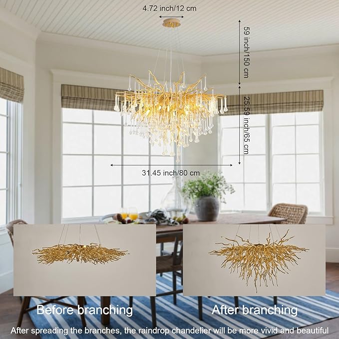 Crystal Chandeliers for Dining Room, 24inch Modern Gold Chandelier, 8-Light Round Tree Branch Chandelier, Raindrop Ceiling Pendant Hanging Light Fixtures for Living Room, Bedroom, Kitchen Island