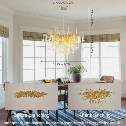 Crystal Chandeliers for Dining Room, 24inch Modern Gold Chandelier, 8-Light Round Tree Branch Chandelier, Raindrop Ceiling Pendant Hanging Light Fixtures for Living Room, Bedroom, Kitchen Island