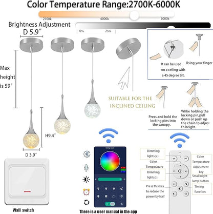 Flashing God Silver 1 Light Teardrop Crystal Pendant Lighting,Integrated Pendant Light with Crystal Bubble for Kitchen Island Globe Fixtures, Chromed Finishe 2700k 4500k 9000k