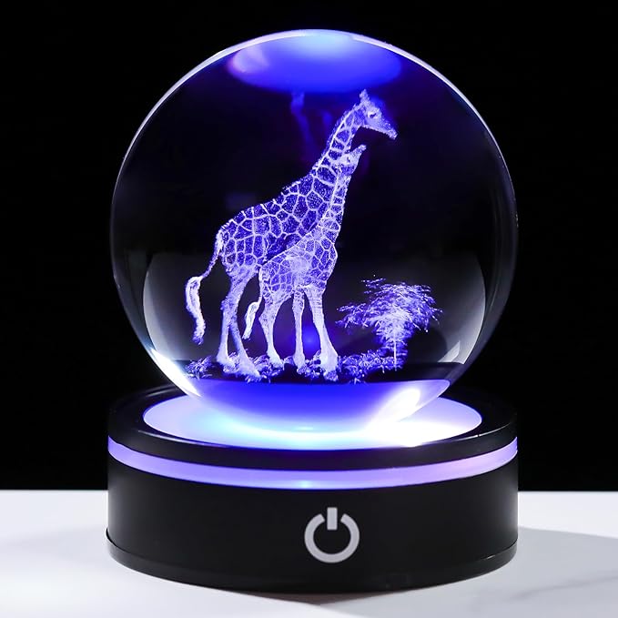 YWHL 3D Giraffe Crystal Ball Figurine with Colorful Light Base, Giraffes Gifts for Women Men on Birthday Christmas, Laser Engraved Giraffes Statue Glass Animal Decorative Ball for Home Decor (80mm)