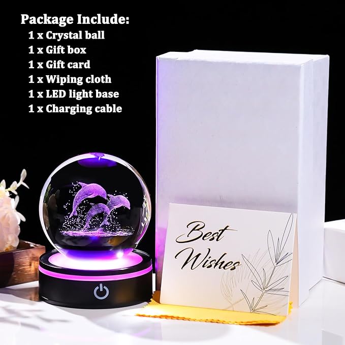 YWHL 3D Dolphin Figurine Crystal Ball with Colorful Light Base, Laser Dolphin Gifts for Women Men on Christmas Birthday, Glass Dolphins Statue Animal Collectible Decoration for Home Office (80mm)