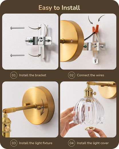 EDISHINE Hardwired Vintage Wall Sconces Set of Two, Brass Gold Wall Lamp with Transparent Tulip Glass Lampshade 180° Adjustable, Modern Wall Lighting Fixtures with Switch for Bathroom Bedroom Hallway