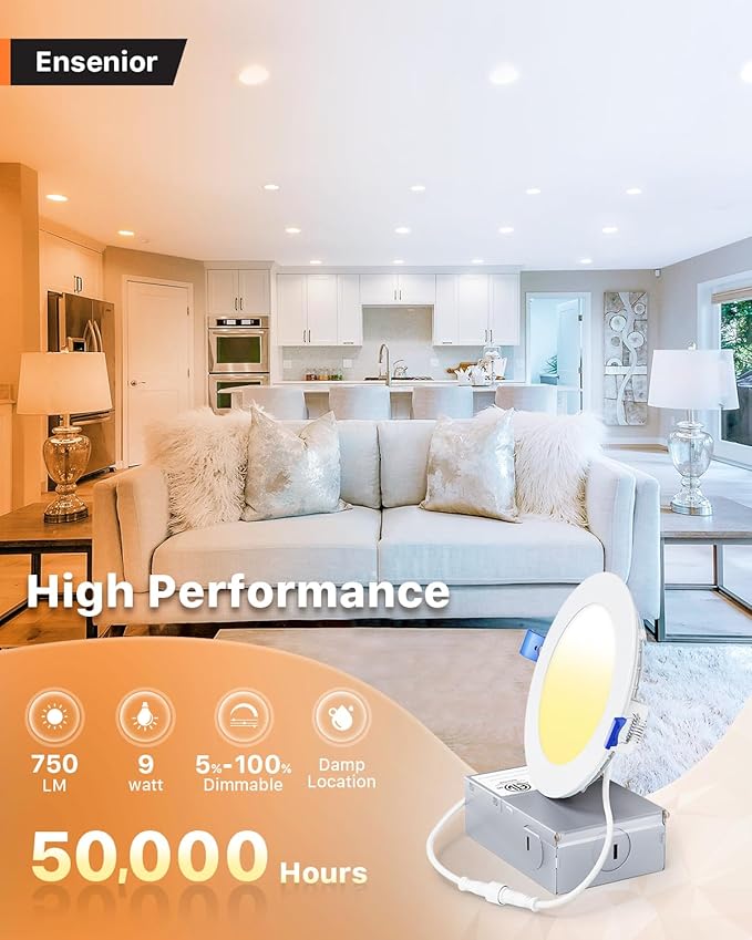 Ensenior 12 Pack 4 Inch LED Recessed Ceiling Light, Dimmable, 2700K-6000K 6CCT, 750LM 9W 120V, High Brightness Canless Wafer Downlight - ETL&FCC&IC
