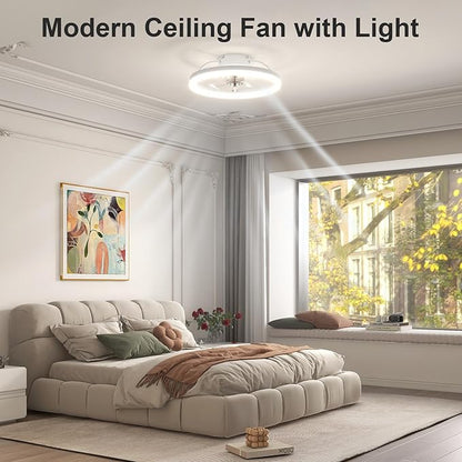 VOLISUN Low Profile Ceiling Fan with Lights and Remote, 15.7in Bladeless Ceiling Fans with Light Flush Mount, 3000K-6500K Dimmable Modern LED Fan Light, White Fandelier Ceiling Fans for Bedroom