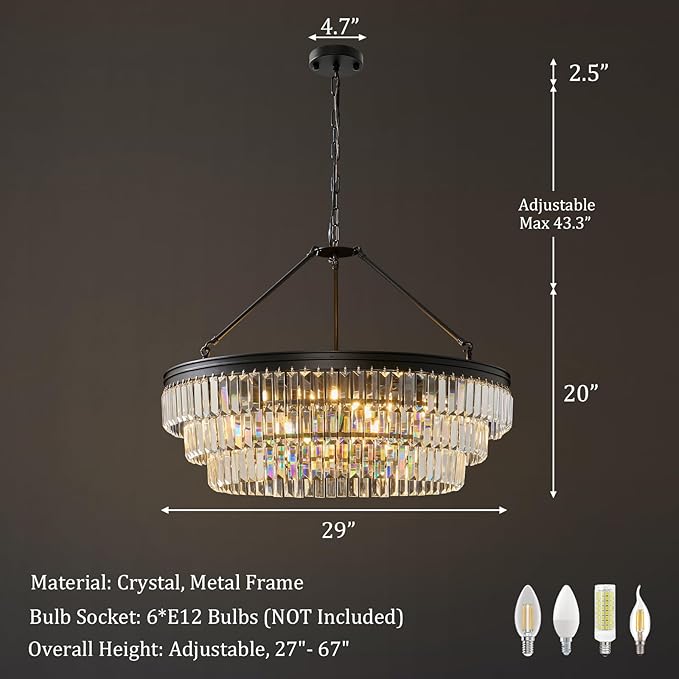 Black Modern Round Crystal Chandelier: 28" K9 Luxury Crystals Contemporary Chandeliers for Dining Room Lights over Table - Adjustable Large Light Chandelier for Bedroom Living Kitchen Entryway Foyer