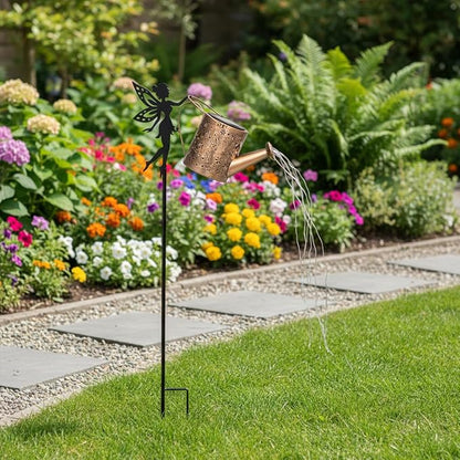 Solar Garden Outdoor Decorative, Watering Can with Layered Lighting, Featuring Metal Silhouette Garden Stake, Mother's Gift for Women, Waterproof Garden Decor (Fairy)
