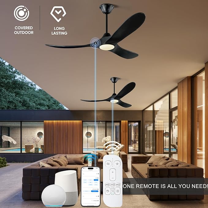 52 Inch Black Smart Ceiling Fan with Lights, Outdoor Ceiling Fan for patio, 3 Blades Wood Ceiling Fan with Quiet Reversible DC Motor, Indoor Exterior Modern Ceiling Fan with Alexa/App/Remote Control