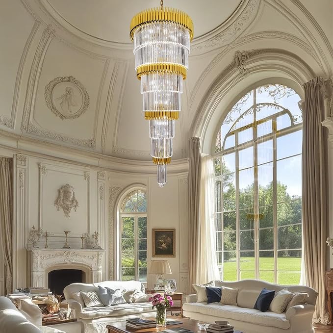 Luxury Gold Crystal Chandelier for High Ceiling, 32" 7-Tier Long Crystal Chandeliers, Adjustable Height Chandelier for Foyer, Villa, Staircase, Entryway