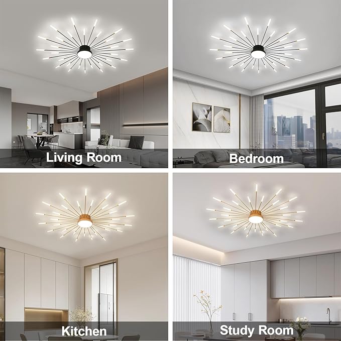 JAYMP 50.4" Ceiling Light Modern Flower Shape Ceiling Lamp for Living Room Dining Room Flush Mount Metal Acrylic Sputnik Firework Petal LED Lighting Fixture (Matte Black, 30+1 Lights)