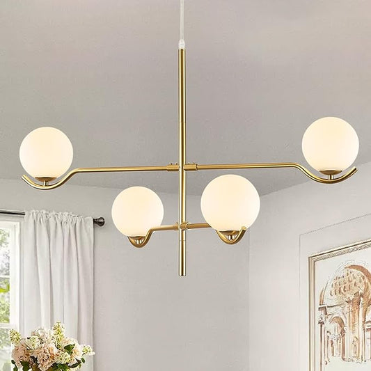 CATINER 4 Lights Modern Gold Sputnik Chandelier, L31 '' Large Mid Century Long Ceiling Pendant Light Fixtures with Milk Glass Globe Shades for High Ceiling Living Room Foyer Dining Room Bedroom