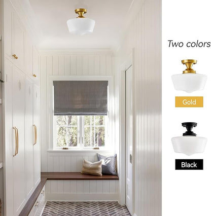 youngrender Semi Flush Mount Ceiling Light, Gold Schoolhouse Milk Glass Light Fixture, Vintage Brass Farmhouse Ceiling Light for Kitchen Hallway Entryway Bedroom Dining Room, E26