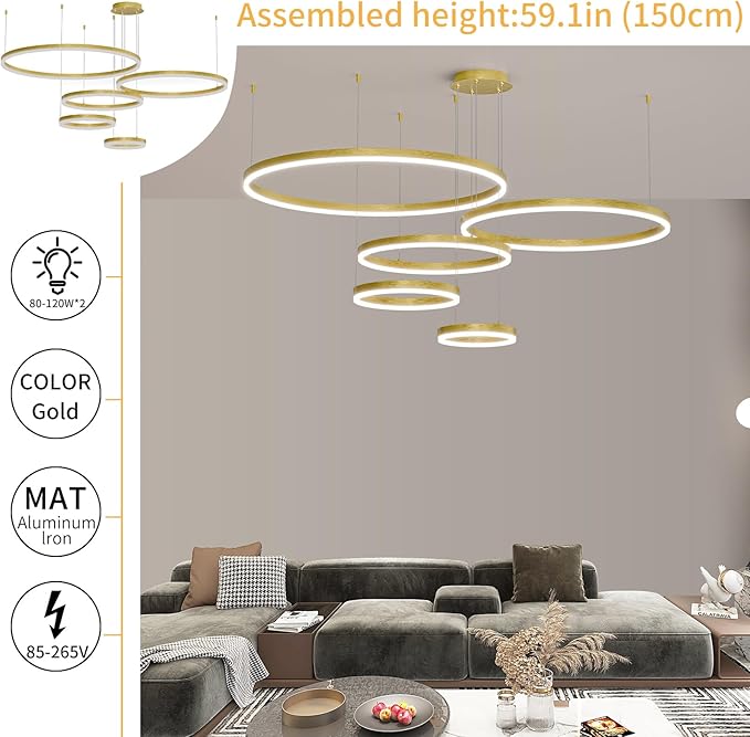Mikeru Modern 5 Ring Chandelier Light, LED Pendant Light Fixtures with Remote Control 3000k-6500K Adjustable Color Temperature Light for Living Room, Kitchen