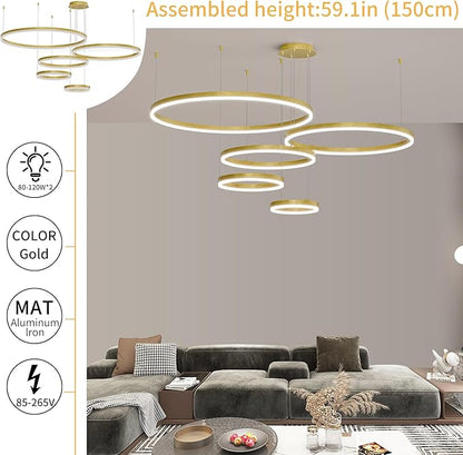 Mikeru Modern 5 Ring Chandelier Light, LED Pendant Light Fixtures with Remote Control 3000k-6500K Adjustable Color Temperature Light for Living Room, Kitchen