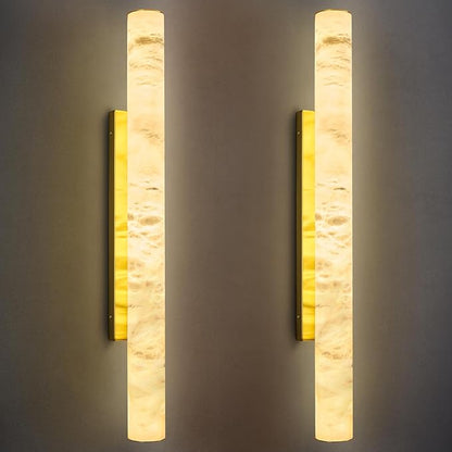 LMQNINE Natural Alabaster Wall Sconces Set of Two Spanish Marble Wall Light Cylinder Modern Gold LED Sconce for Living Room Bedroom Bathroo Stairs（L-2Pack）