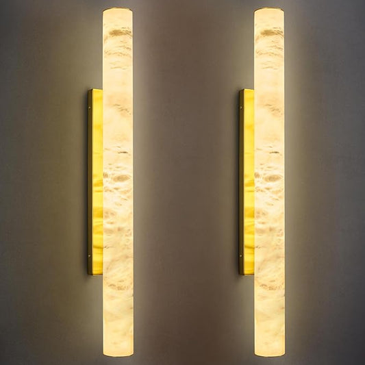 LMQNINE Natural Alabaster Wall Sconces Set of Two Spanish Marble Wall Light Cylinder Modern Gold LED Sconce for Living Room Bedroom Bathroo Stairs（L-2Pack）
