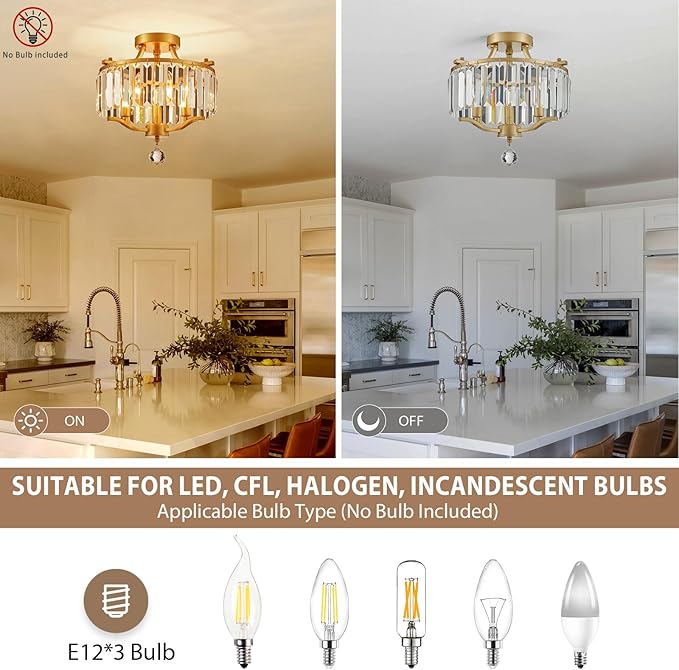 Crystal Gold Chandeliers Modern Farmhouse Small Chandelier 12.2 Inch 3-Light Round Crystal Mini Semi Flush Mount Ceiling Light Fixture for Dining Room Entryway Hallway Kitchen Bedroom Foyer