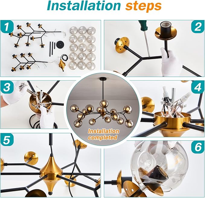 hesoge 15 Light Sputnik Modern Large Chandelier, Mid Century Black and Gold Metal Ceiling Light Fixture with Glass Globe,Pendant Light Hanging for Dining Room Kitchen Living Room Bedroom Foyer.